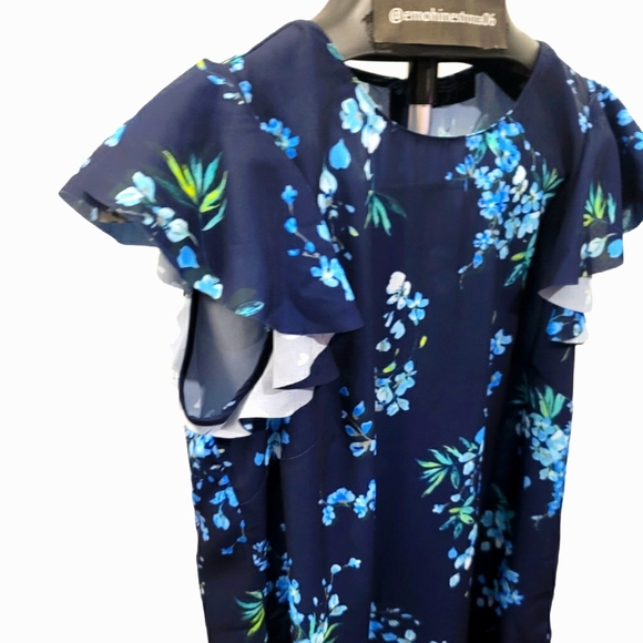 T Tahari Womens Navy Floral Print Ruffled Blouse T - Picture 2 of 7